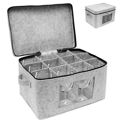 Wine Glass Storage Organizer Stackable Felt Stemware Container with 12 Removable Divider Foldable For Travel Wine Bottle Bag