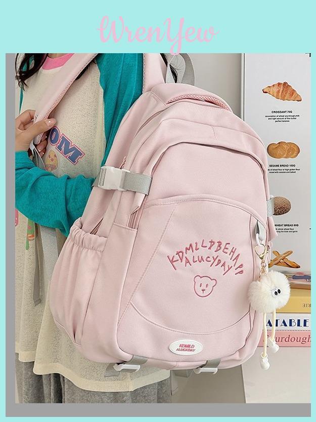 Womens Casual Nylon School Backpack With Embroidery Girl School Bag For Teens
