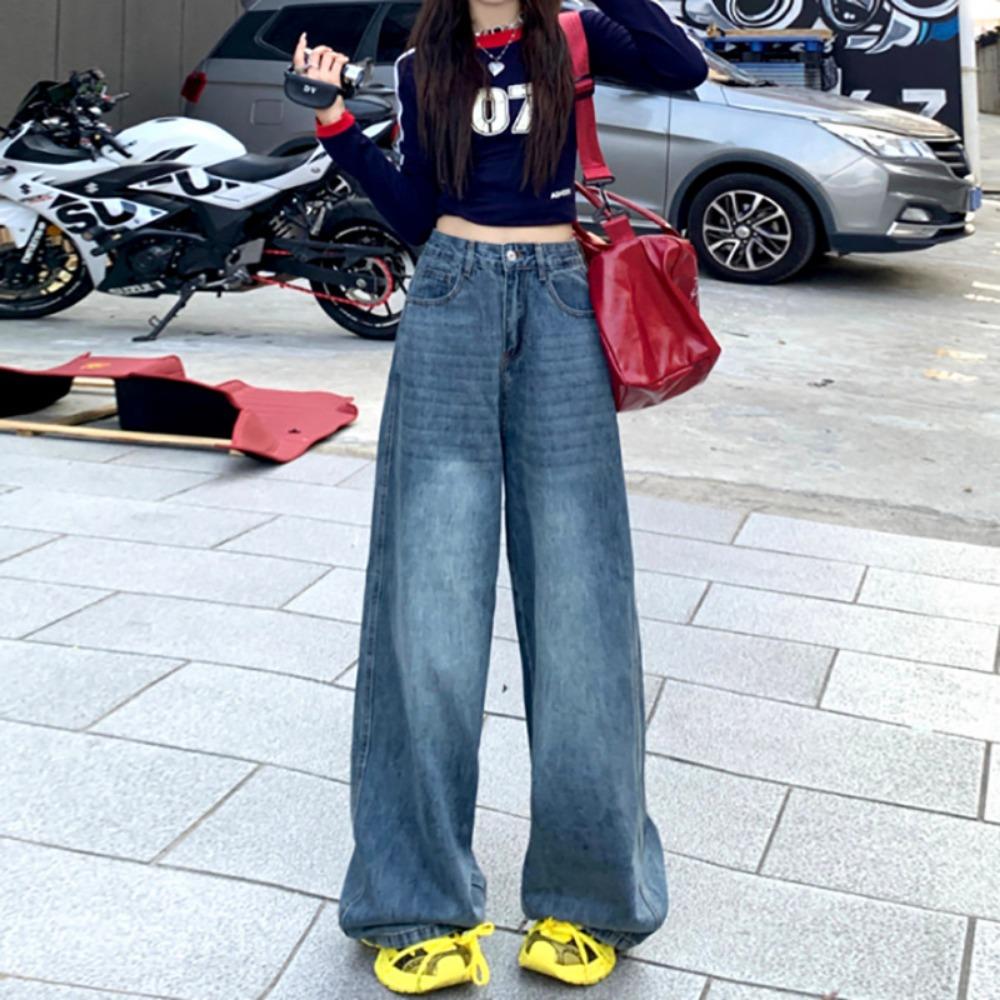 American retro loose wide-leg pants drape high waist versatile washed straight jeans women's trousers tide