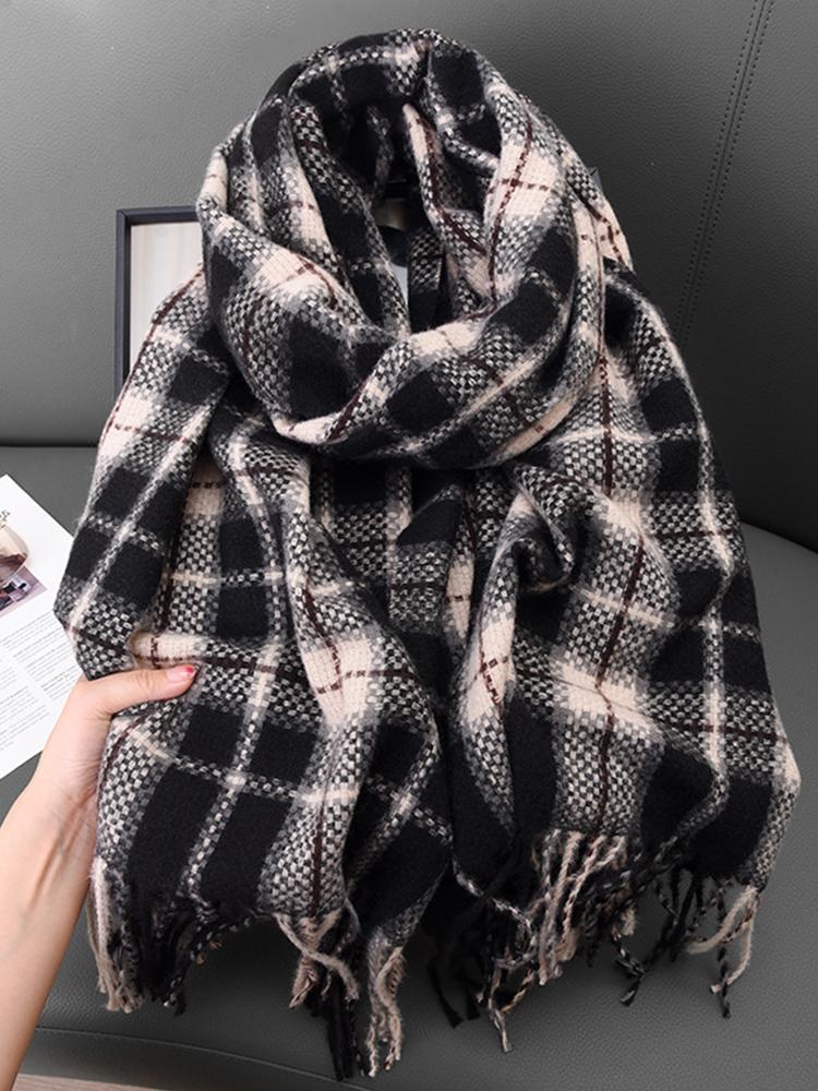 Retro Knitted Scarf Winter Women Men Casual Preppy Plaid Print Tassel Warm Scarve Pashmina Mujer Male Foulard Wrap Shawl Unisex