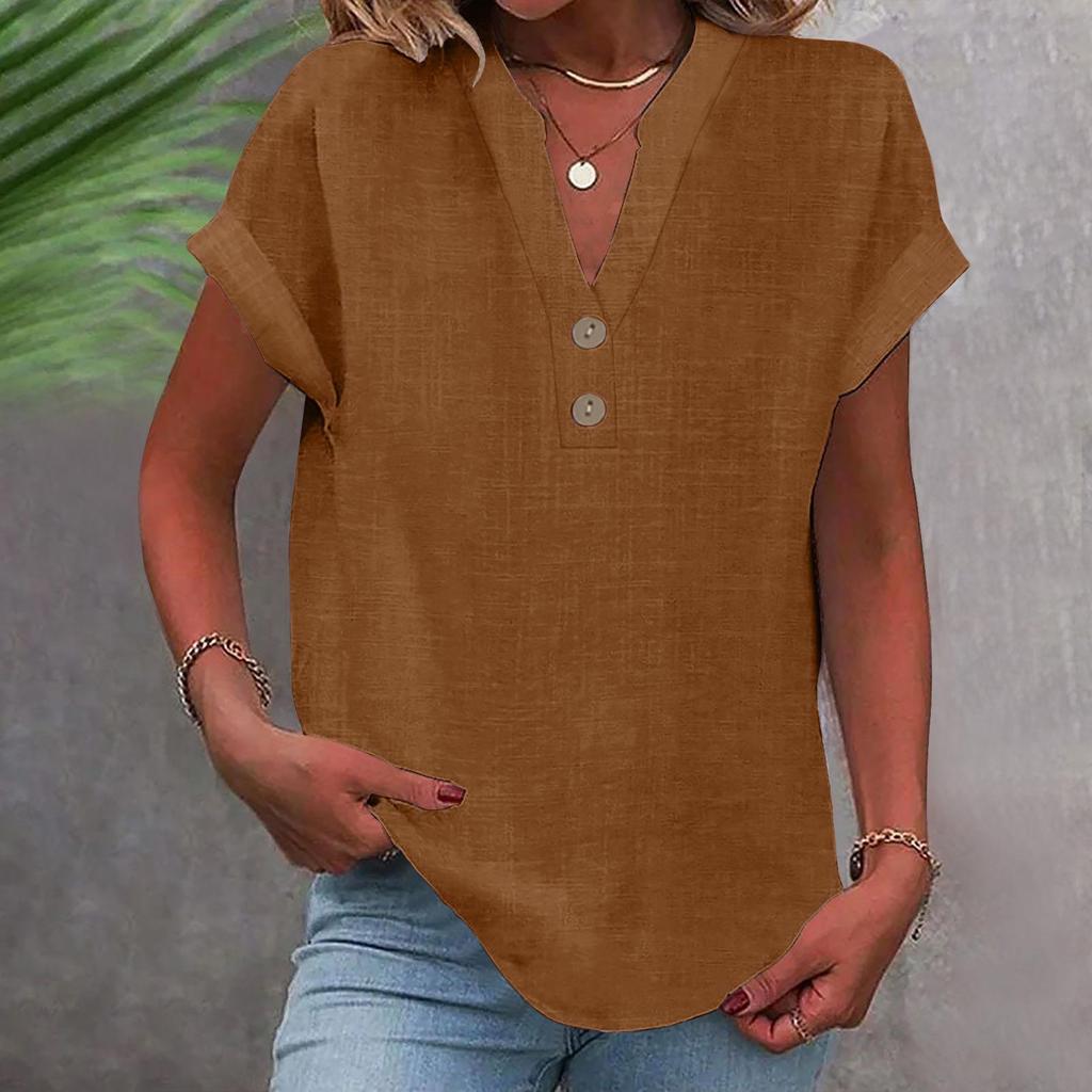 2025 Women's Solid Color V-Neck Buttoned Cotton-Linen Short-Sleeve Top