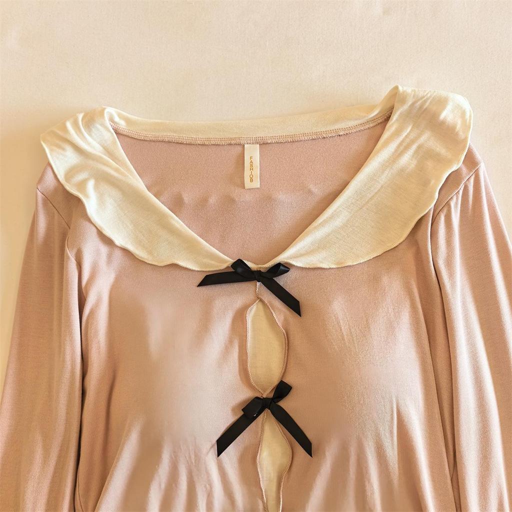 Women's Long Sleeve Pajama Set with Chest Pads - Bowknot Design, Korean Style, Suitable for Spring To Winter.