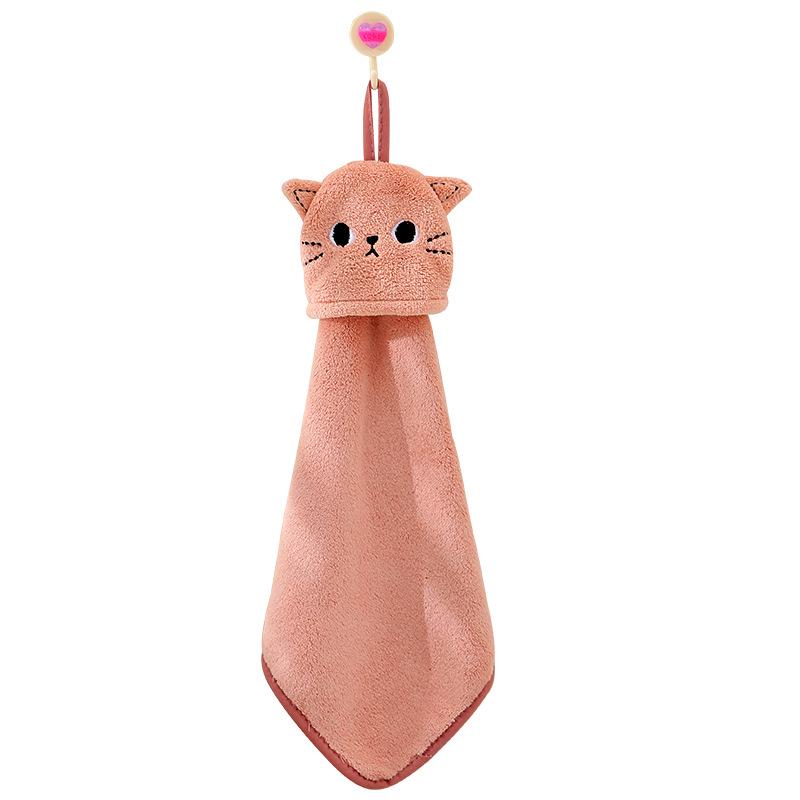 Coral Fleece Cat Embroidered Hanging Towel - Absorbent & Dual-use for Kitchen/Bathroom