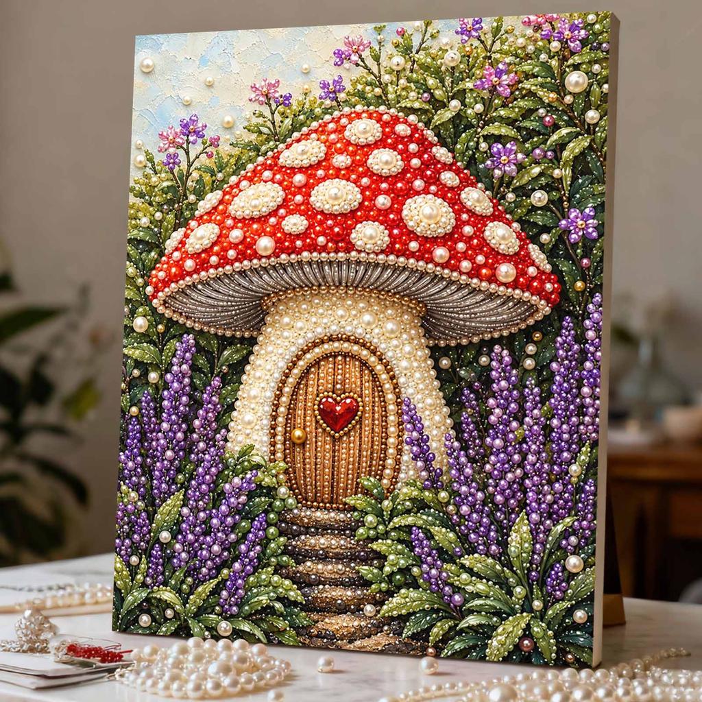 Mushroom House Pearl Art Kit with Frame 3D Sparkling Bead Canvas Relaxing Craft for Cozy Room Wall Decor and Creative DIY Art Projects