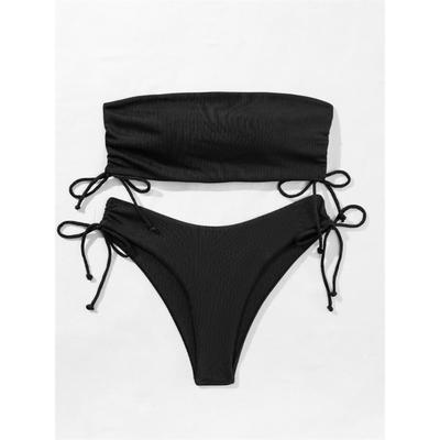 Red Ribbed Bandeau Bikini Set Drawstring Side Two Piece Swimwear