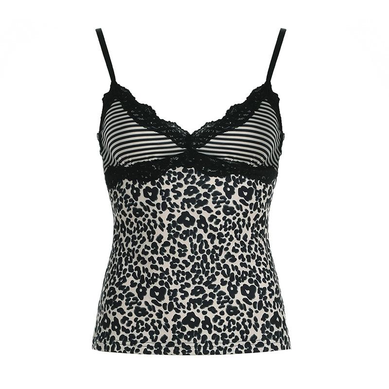 Women Striped Leopard Print Lace Trim Spaghetti Strap Bodycon Casual Cami Top S хаки
