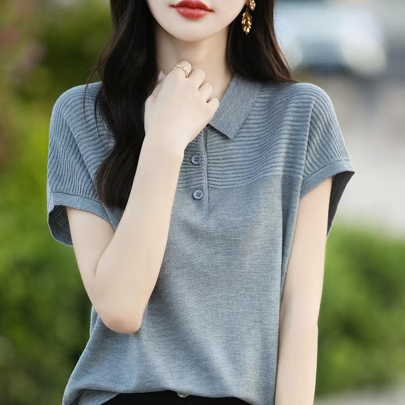 Korean Style Women's Summer Ice Silk Beaded Knit T-Shirt and POLO Vest