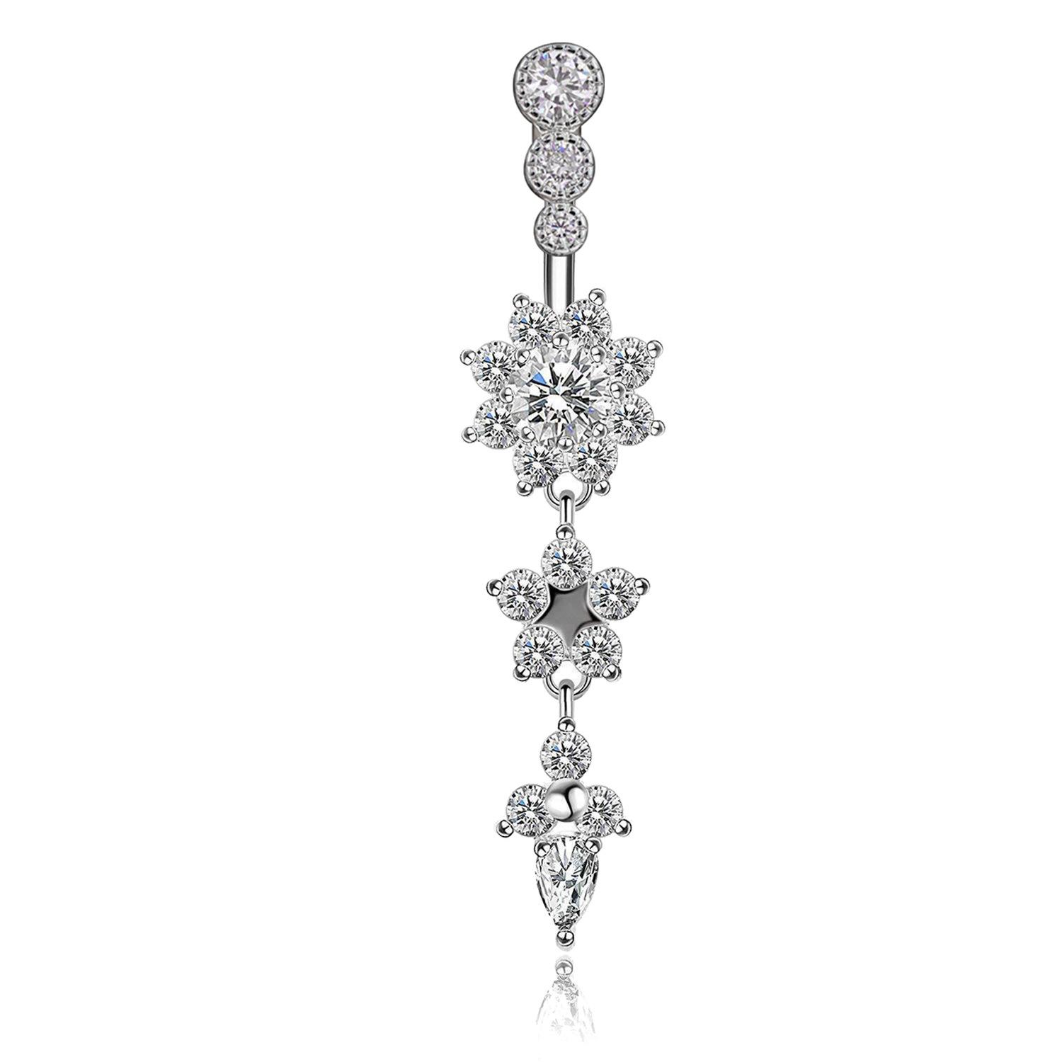 Anneau de nombril en acier inoxydable rose avec longue tige et fleur en cristal CZ pour piercing ombilical pour femmes Bijoux Sexy PLANT&Navel & Bell Button Rings&body gray