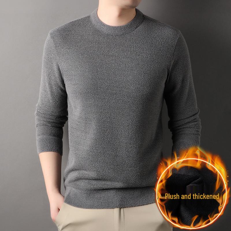 Men's Warm Thickened Knit Sweater - Autumn/Winter Casual, Middle-Aged, Round Neck, Solid Color, Fluffy Velvet.