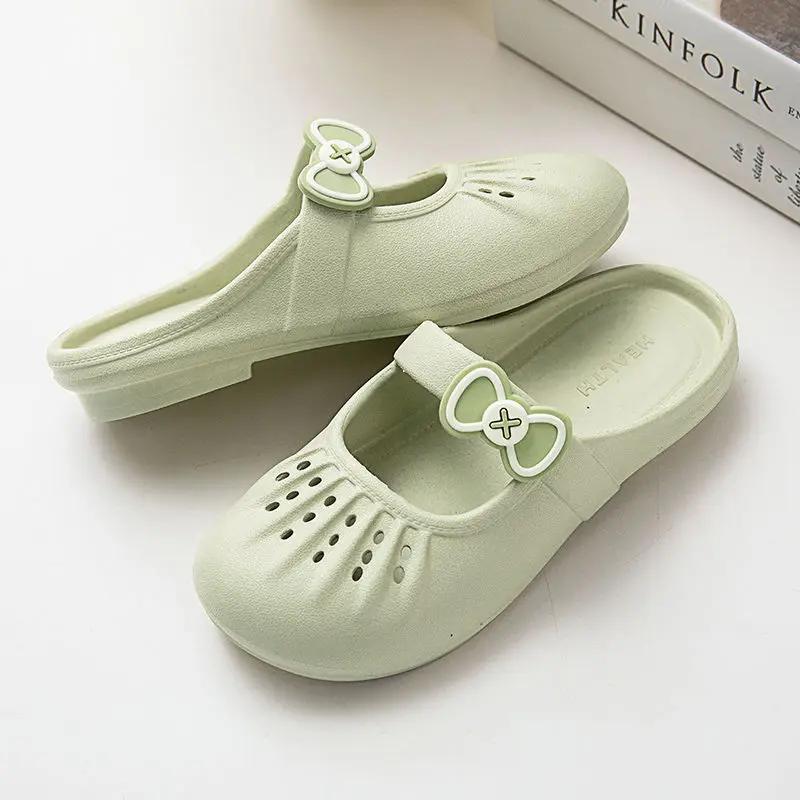 Fashion Sandals Hollow With Bow Shoes for Women Waterproof Shoe 2025 Trend Korea Style Slides Small Size Designer Luxury Woman Slippers