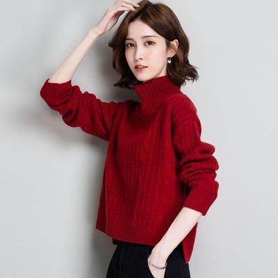 Autumn Winter Women Wool Blend Sweater Short Knit Top Loose Semi High Neck Casual Chic Base Layer Petite