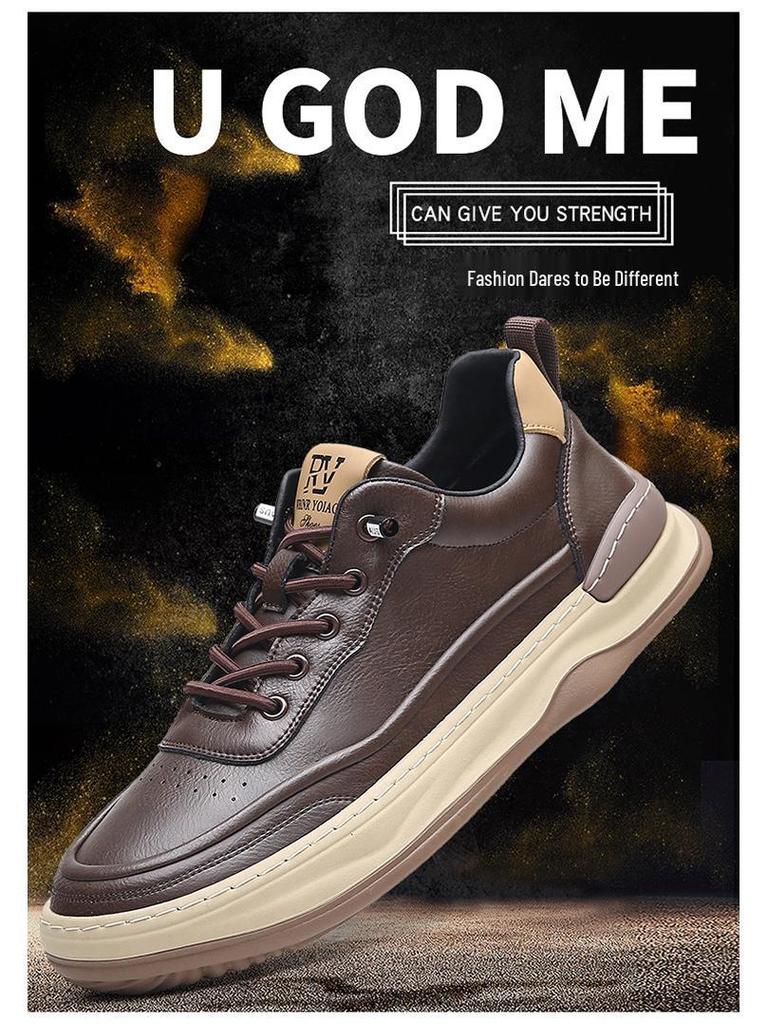 Men's Genuine Leather Crooked Head White Sneakers - Spring, Versatile, Thick Sole, Breathable, Hollow Casual Board Shoes