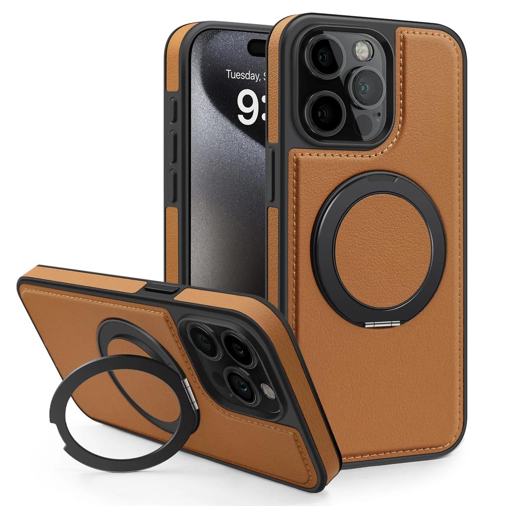 Luxury Magnetic Metal Stitching Leather Case For iPhone 17 Air 16E 16 Pro Max 15 14 Plus 13 12 Pro Max 360 Stand Phone Cover