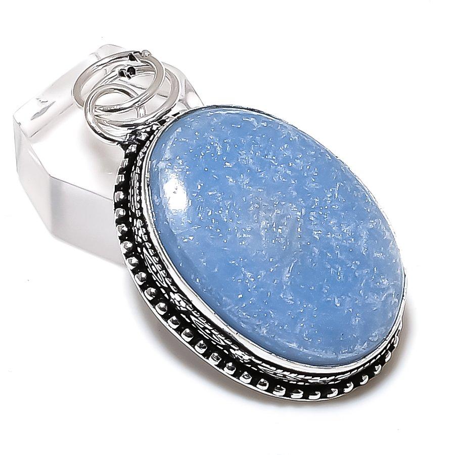 Pierre Angélite Pierre Précieuse Fait Main Bijou Argent Sterling 925 Pendentif 2.05" V0O13