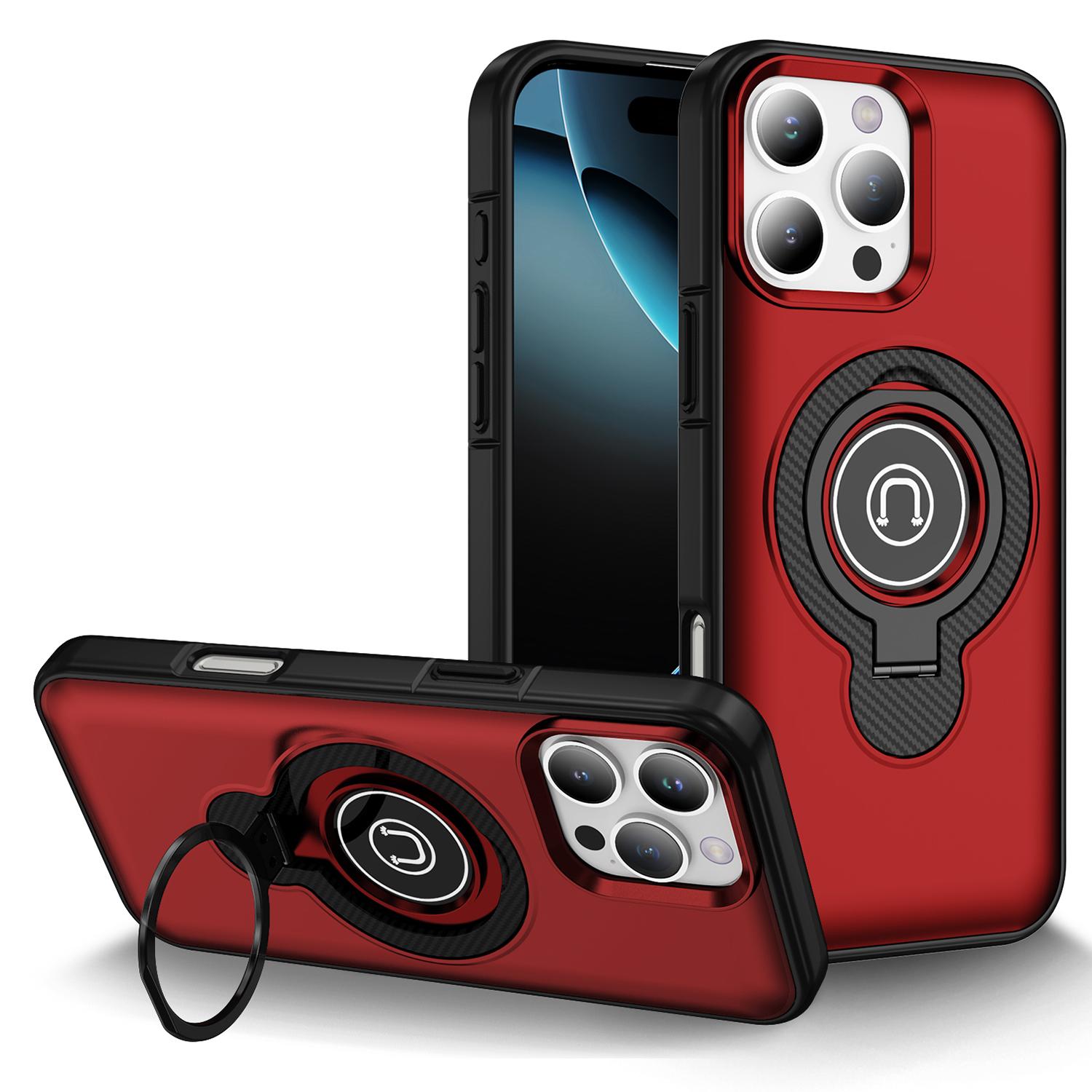 

For iPhone 16 Pro Case TPU+PC Magnetic Car Mount Phone Cover with Ring Kickstand Red