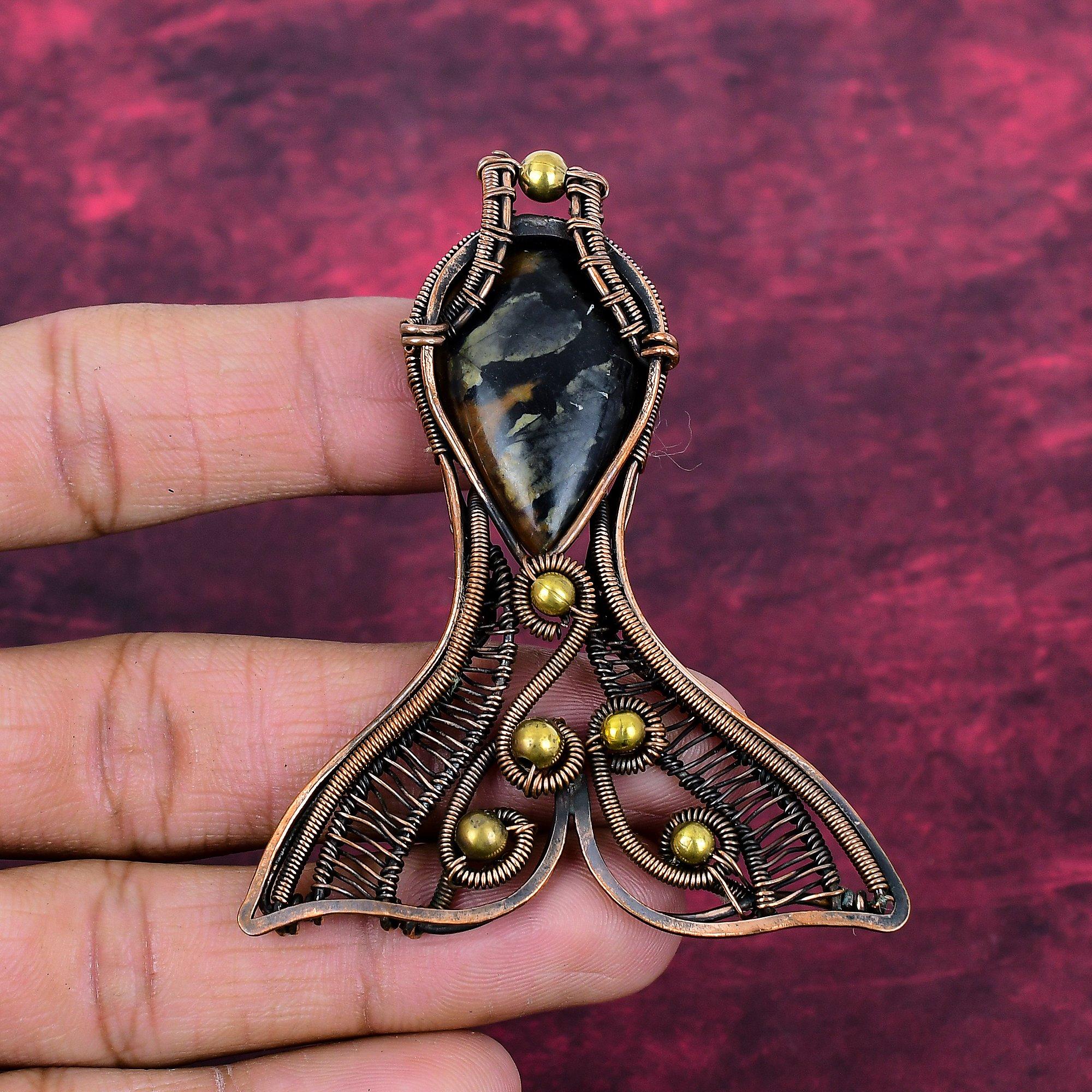 Picasso Jasper Gemstone Pendant Handmade Copper Wire Wrapped Jewelry Fish Pendant