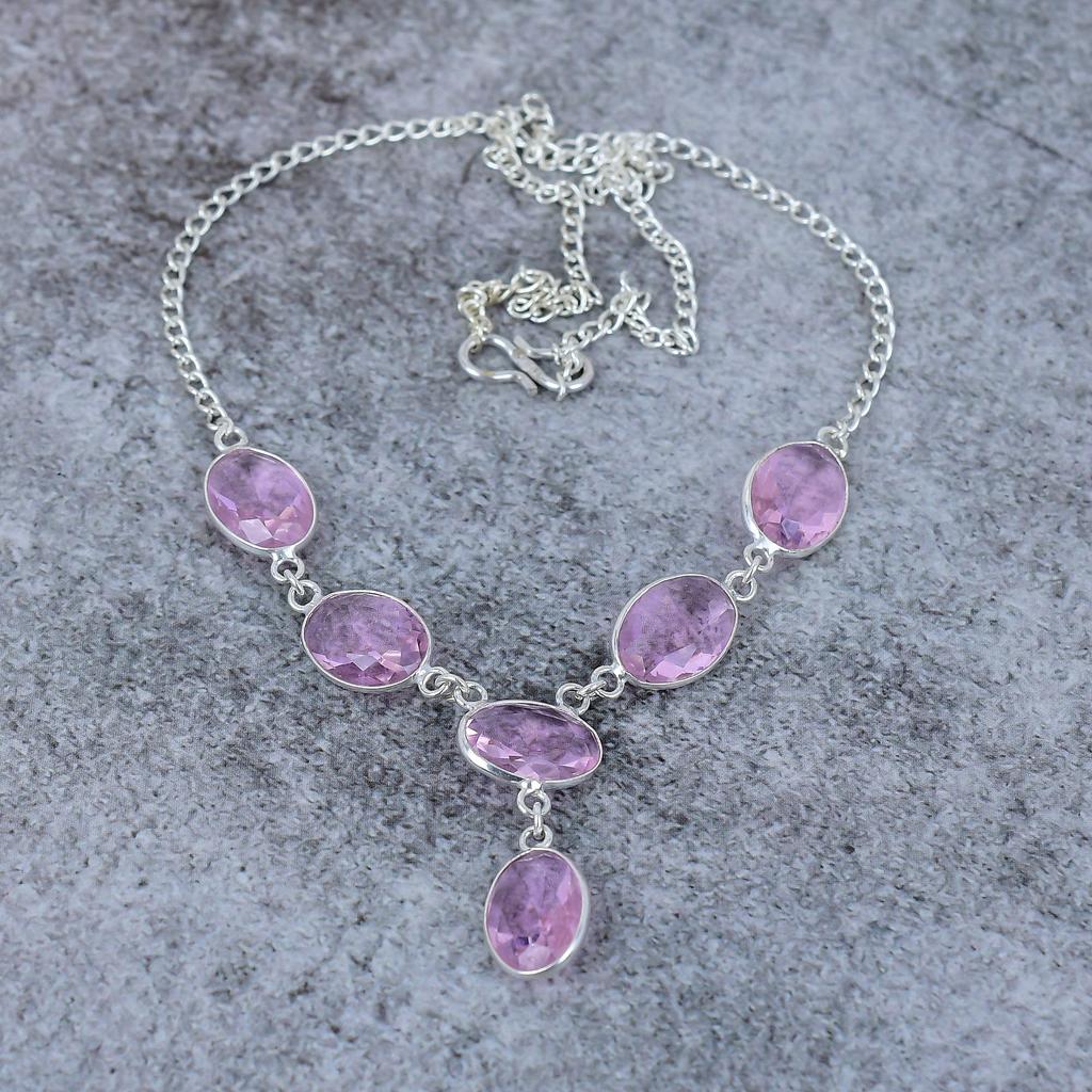 Pink Kunzite Gemstone Handmade 925 Sterling Silver Jewelry Necklace 18" M-394