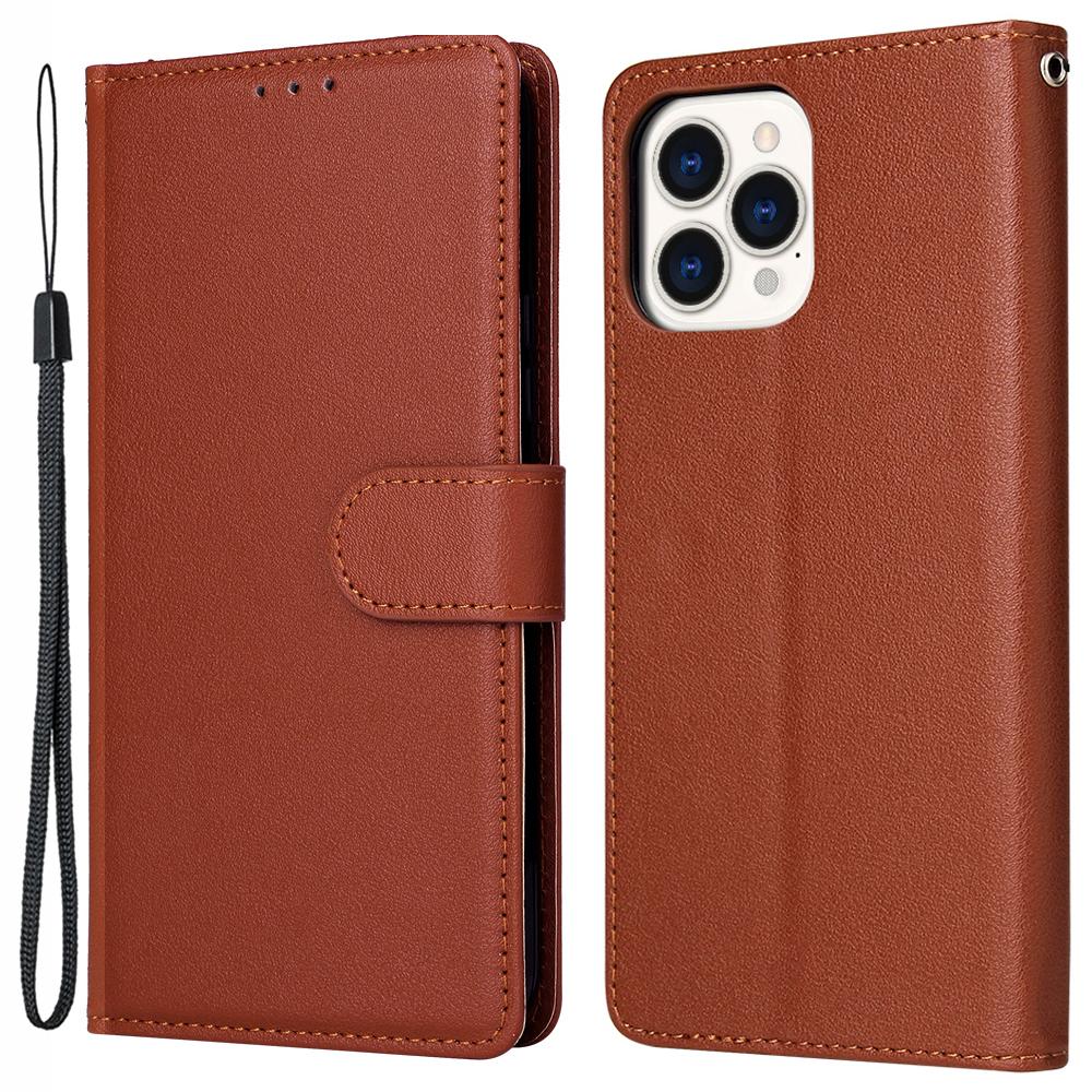 

For iPhone 13 Pro Max 6.7 inch Case PU Leather Wallet Flip Phone Cover with Wrist Strap Brown