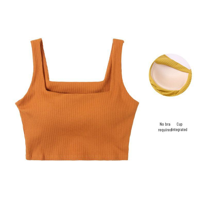 Women's Cotton Strap Tank Top with Built-in Chest Pads - Crop Top Bandeau Base Layer
