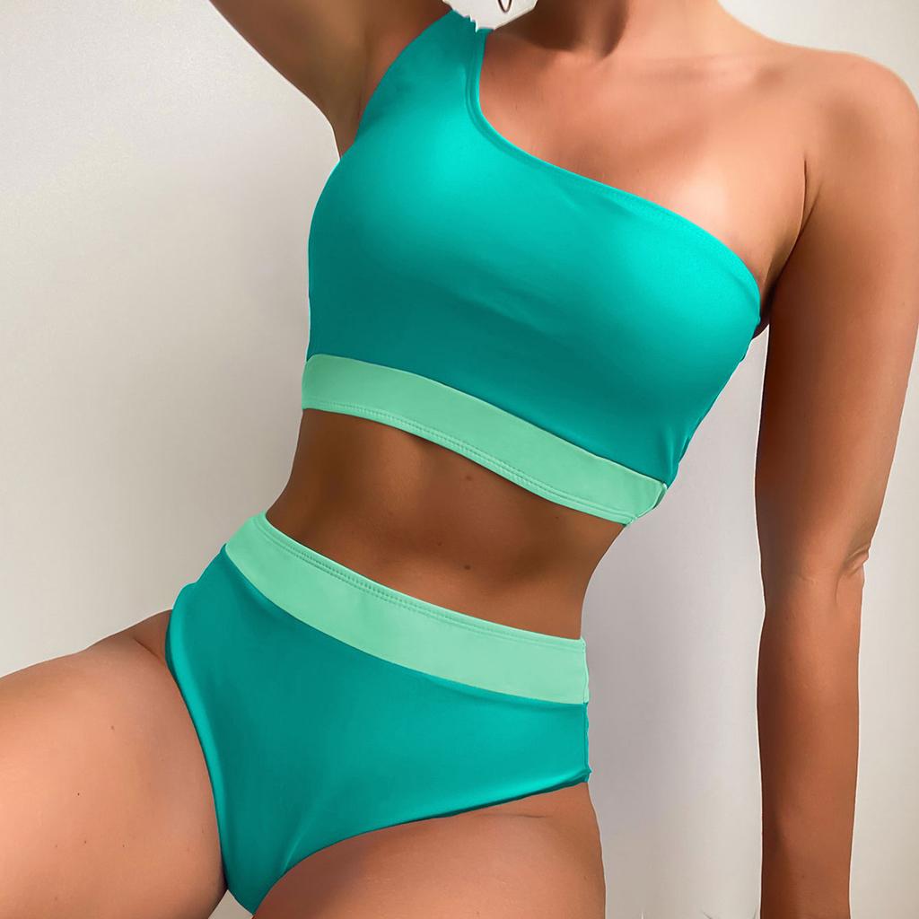 Women's Swimsuit Colorblock One Shoulder High Waist Sexy Bikini Set Brazilian Beachwear Bathing Suits