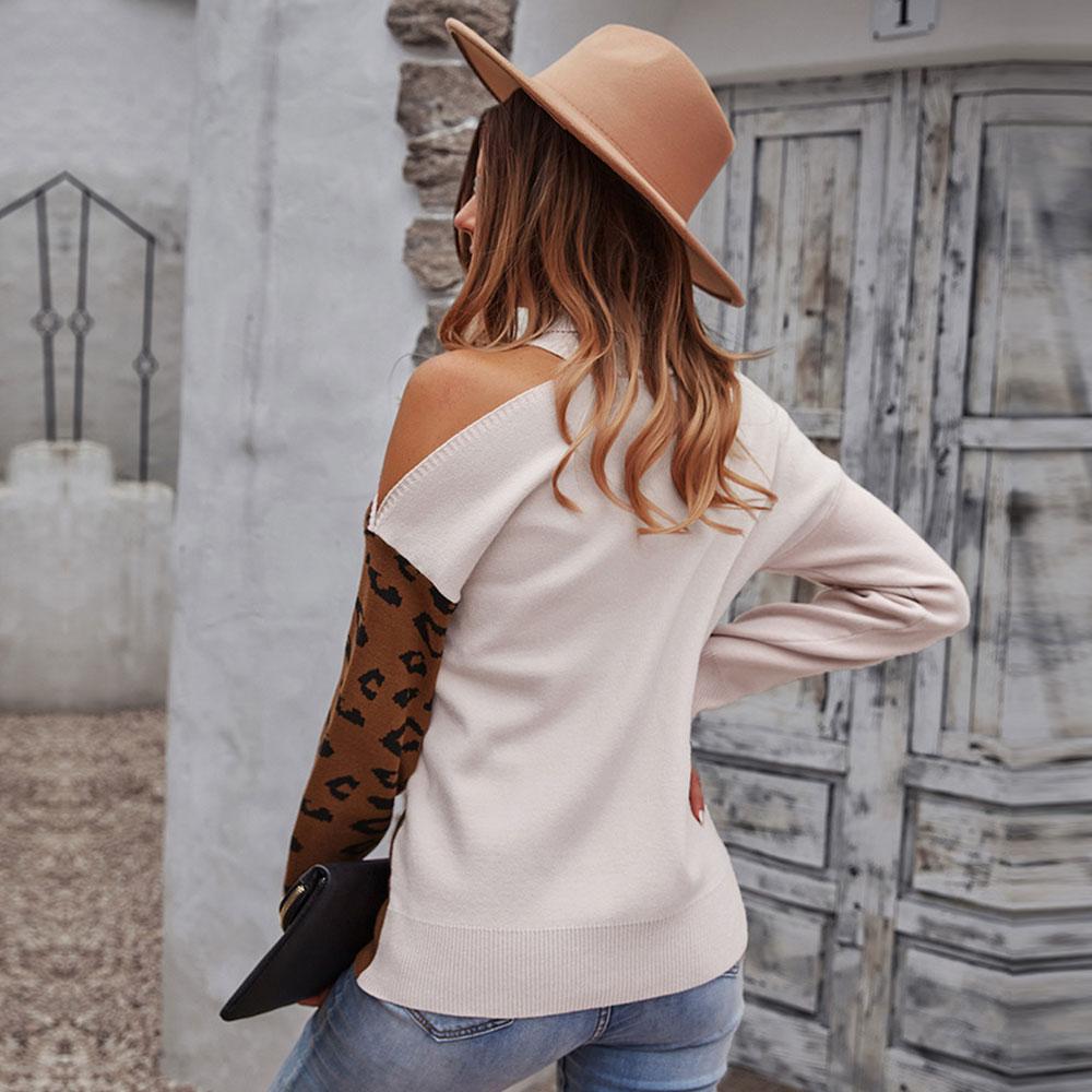 Γυναικείες φθινοπωρινές χειμερινές περιστασιακές πλεκτές πουλόβερ πουλόβερ πουλόβερ με ζιβάγκο στράπλες με πλήρες μανίκι λεοπάρ συνονθύλευμα ραφή χακί καραμέλα μαύρο S-XL