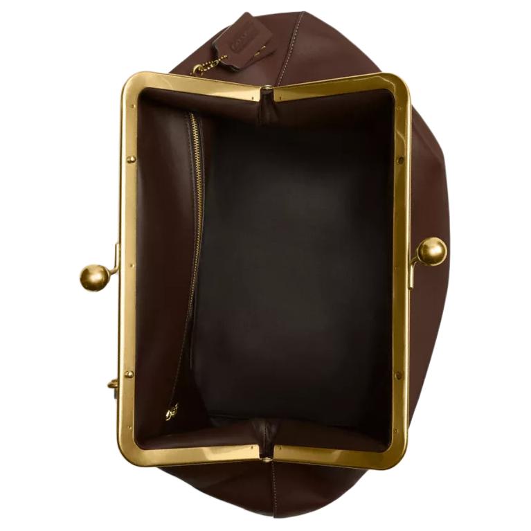 COACH Kisslock Leather Clutch Handbag Large Women's Dark Brown CBR51-B4DB
