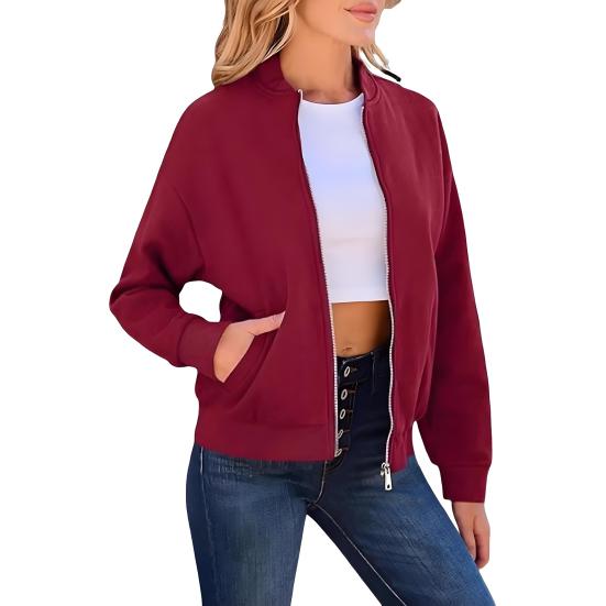 Women's Full Zip Up Jacket Spring Fall Long Sleeve Short Sweatshirt Casual Loose Outwear with Pockets