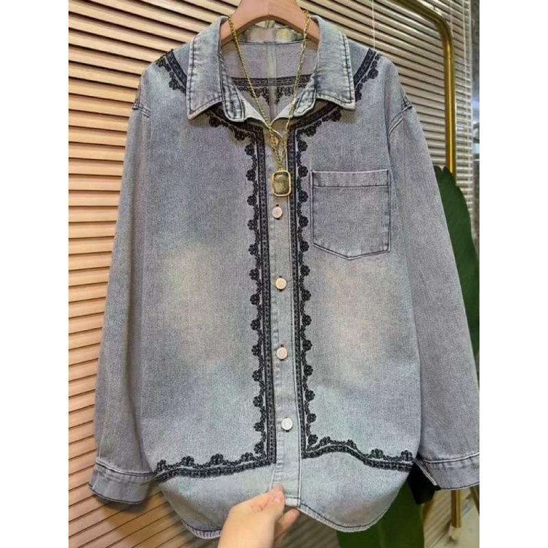 Embroidered lace lapel long-sleeved denim shirt jacket women's ins spring and autumn medium and long loose shirt