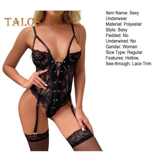 2Pcs/Set Sexy Underwear Set Deep V-Neck Bandage Design Jumpsuit Stockings Set Lace Splicing Hollow See-Through Sleepwear