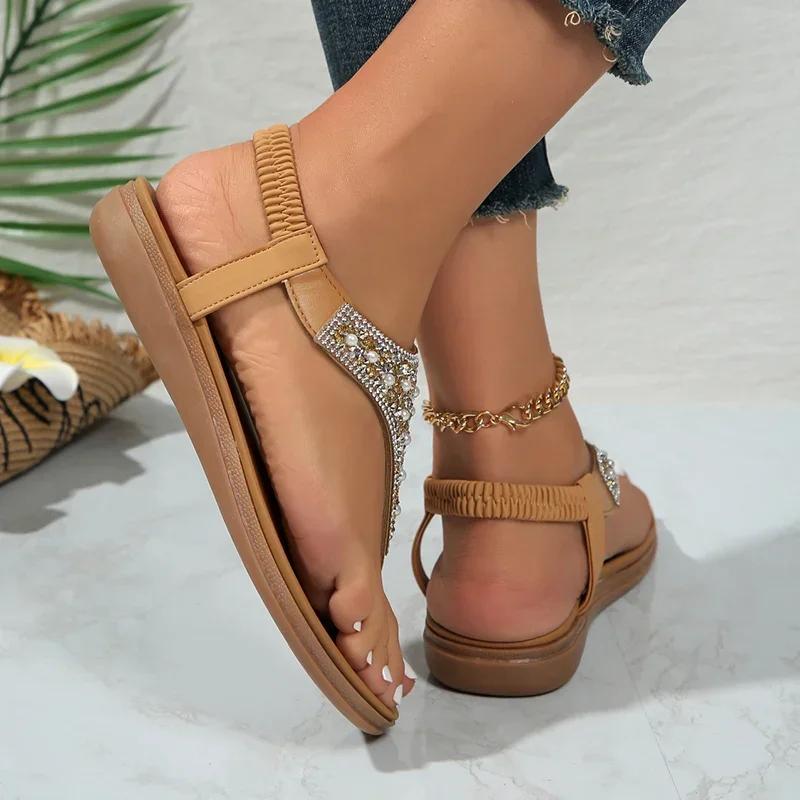 Fashion Lucyever Summer Clip Toe Bohemia Sandals Women 2024 Fashion Shiny Crystal Flat Sandalias Woman Non Slip Sole Beach Sandles Mujer