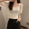French Square Neck Bubble Short Sleeved Knitted Sweater for Women's Summer Korean Version Slim Fit and Slimming Short Top