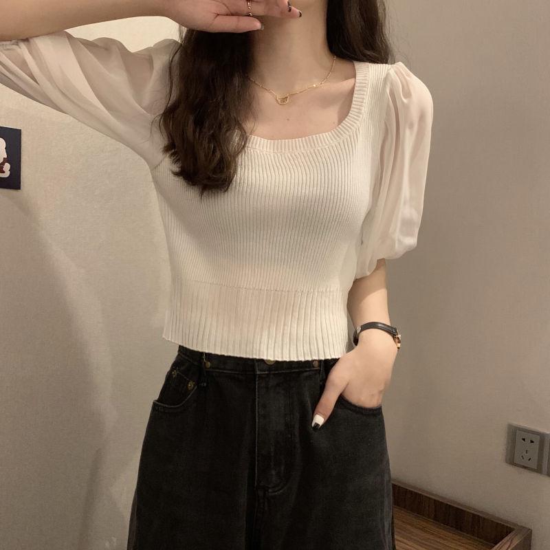 French Square Neck Bubble Short Sleeved Knitted Sweater for Women's Summer Korean Version Slim Fit and Slimming Short Top