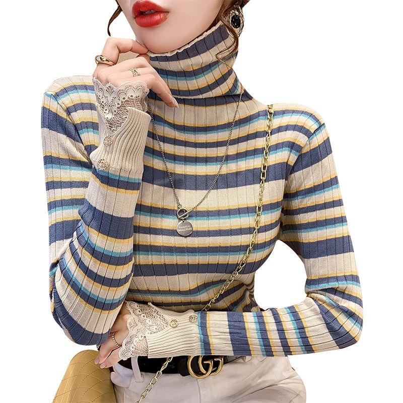 Autumn and Winter High Collar Striped Sweater Knitted Bottom Shirt Women's Long Sleeve Unique Top