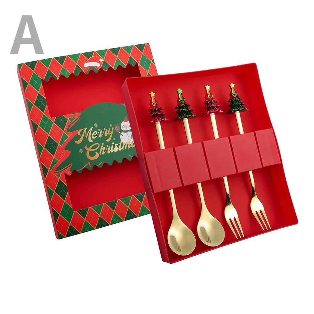 Cartoon Santa Claus Christmas Tree Coffee Dessert Spoon & Fork Gift Set