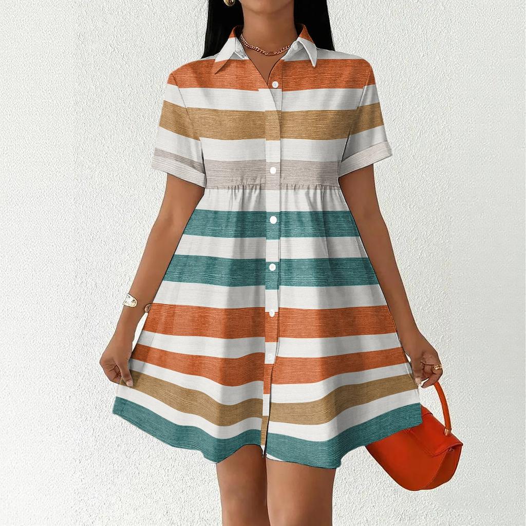 Women Loose Fit Shirt Dress Button Front Stand Collar Short Sleeve Casual Dress with Stripe Print for Daily Wear