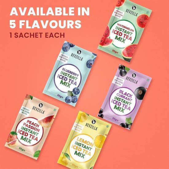 Bevzilla Iced Tea Powder Assorted 5 Flavours Pack, Ice Brew, Cold Brew, Strong, 30 Calorie Instant Ice Tea Powder, 30 GM Each Sachet X 5
