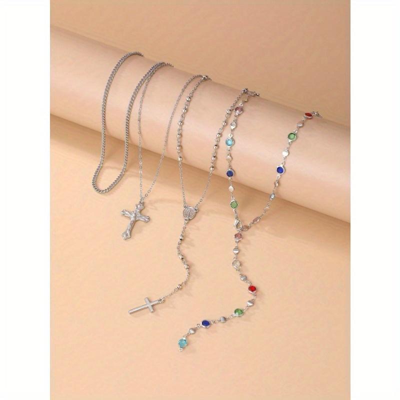 4pcs/Set Bohemian Style Colorful Crystal & Vintage Metal Cross Pendant Y-Necklace Set, Suitable For Women's Everyday And Holiday Wear