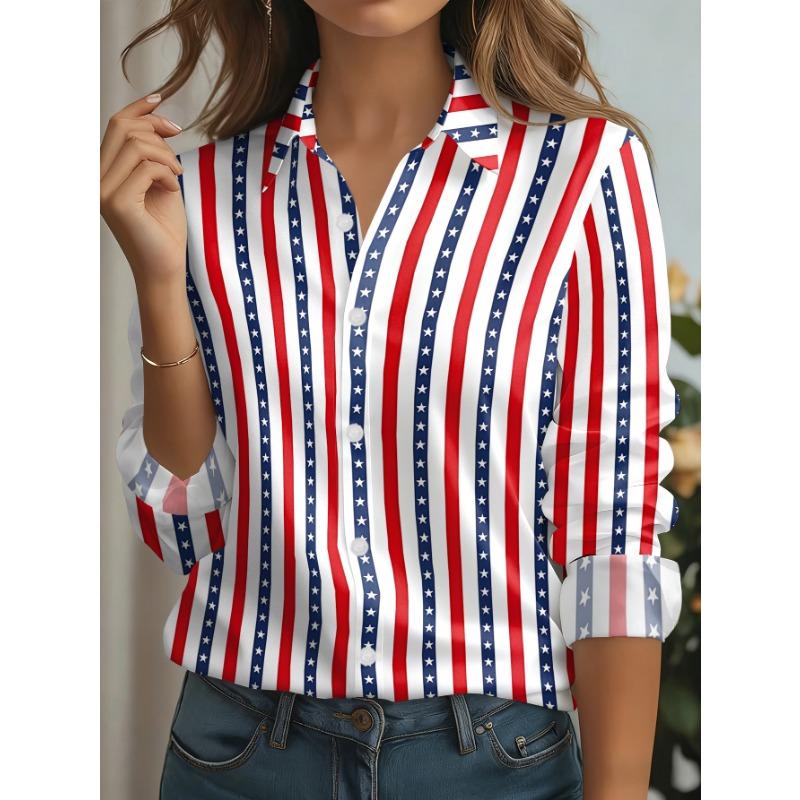 Women's casual shirt, red, white and blue three-color vertical stripes, fashionable, simple and basic printed long-sleeved shirt