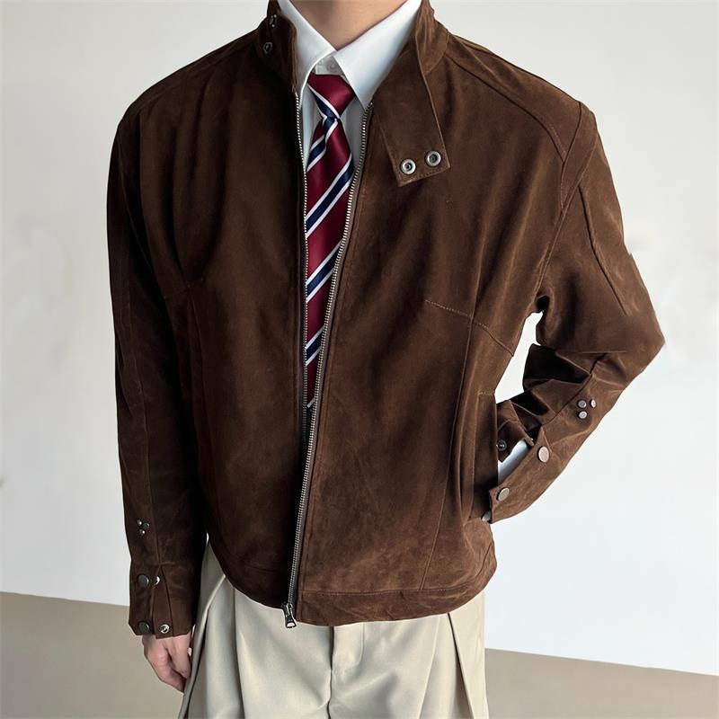 

American Tie-dye Retro Leather Motorcycle Jacket for Men - Stand Collar, Spring/Autumn, New Loose Fit 3XL (160-170 lbs) коричневий