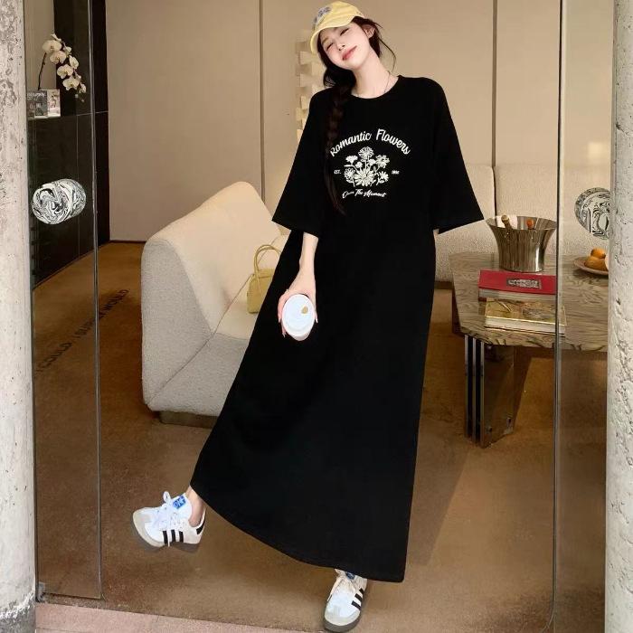 Summer new commuter temperament simple short-sleeved T-shirt long dress loose and thin round neck short-sleeved long dress women M чёрный