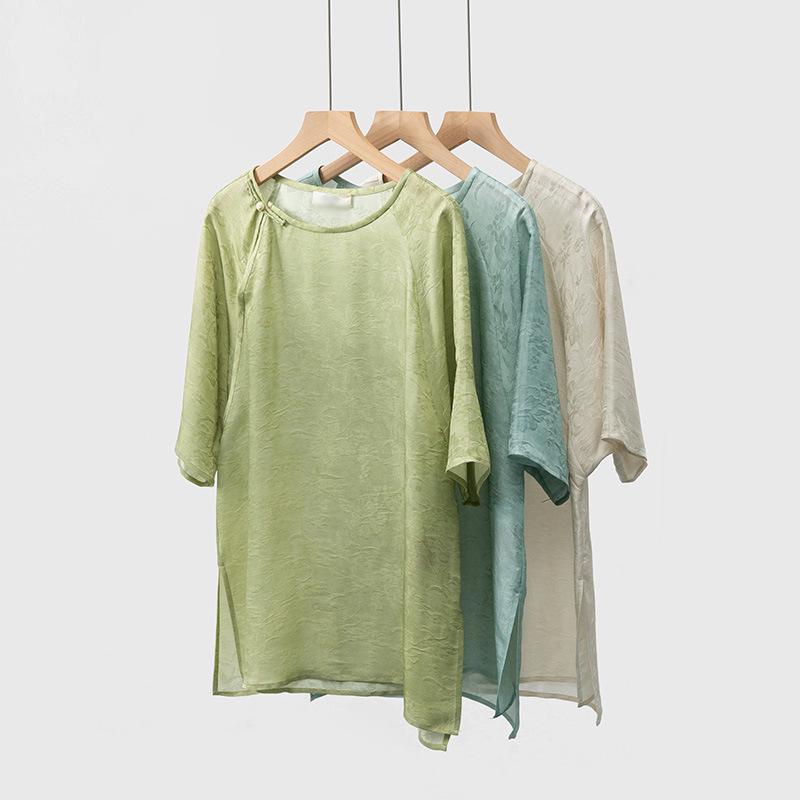 

Plant-Dyed Silk Jacquard Chinese-Style Loose Short-Sleeve Top XL