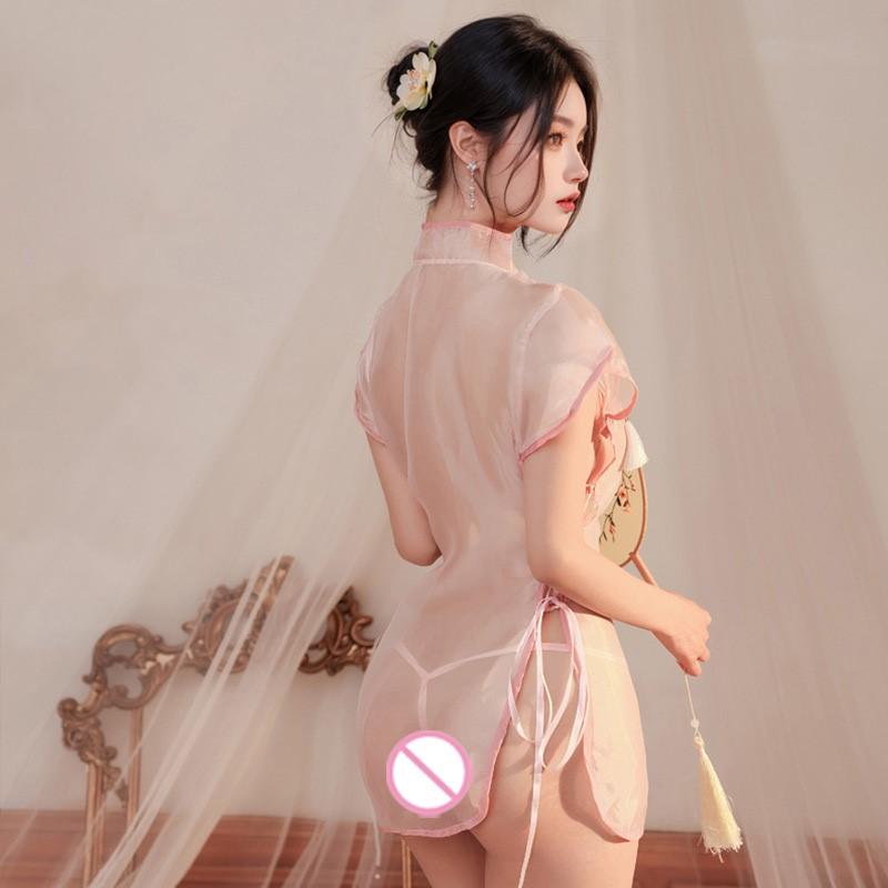 Babydolls Perspective On Classical Standing Neck Qipao Retro Embroidered Split Pajamas Sexy Dresses Daring Hot Woman Lingerie