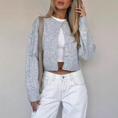 2024 Autumn Slim Fit Cable Knit Cardigan – Solid Color, Round Neck, Versatile Style