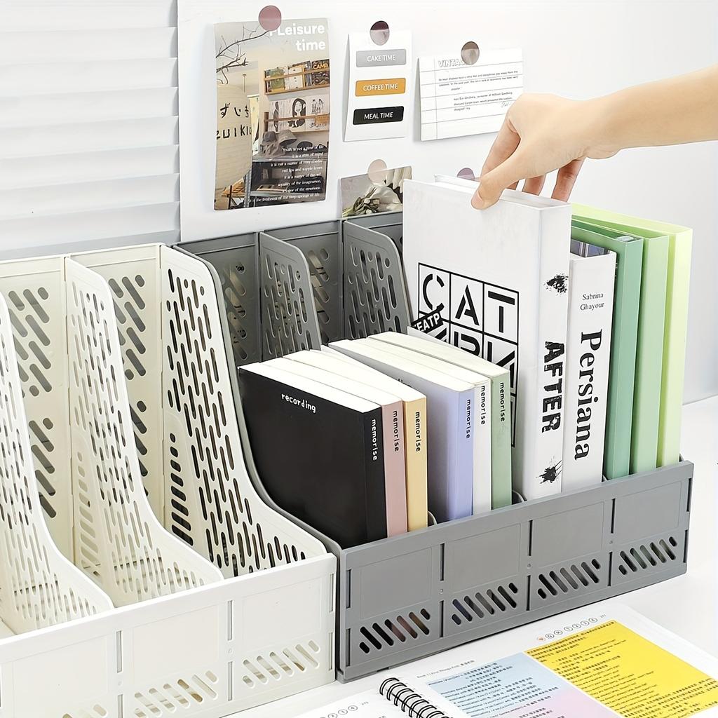 Creative Four-Section Desktop File Organizer, A4 Document Holder, Bookend Pen Holder, Office File Storage and Sorting Rack