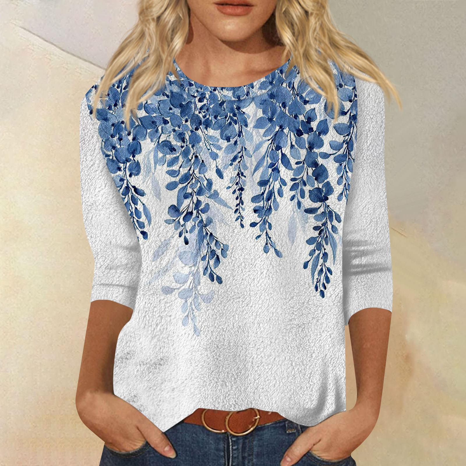 

Женский модный повседневный однотонный топ с круглым вырезом и рукавом семь четвертей XL небесно-голубой