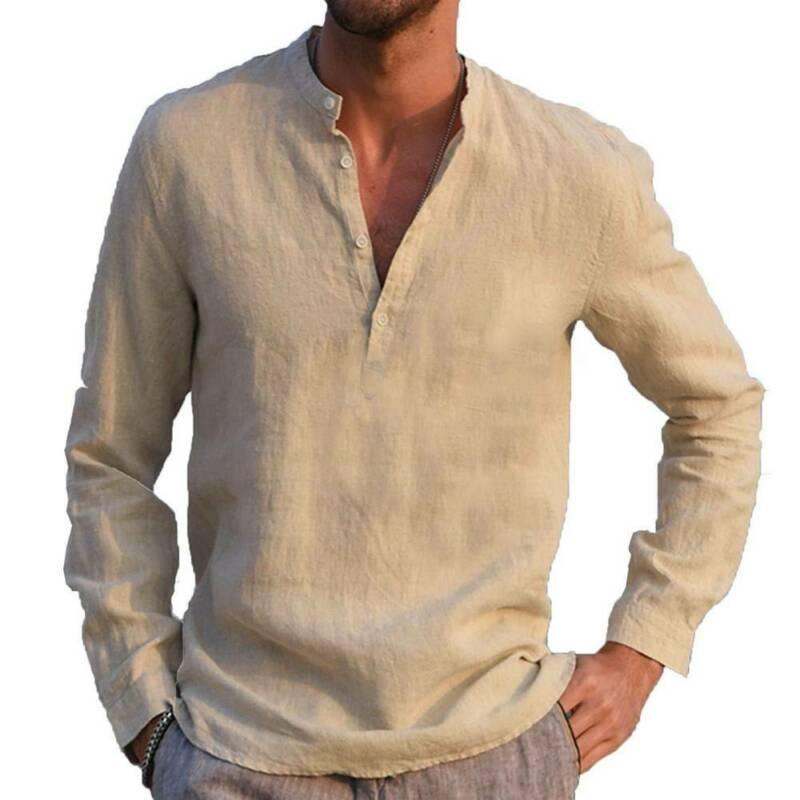 Men T-shirt Tops Collarless Grandad 