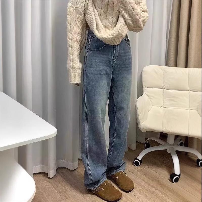 Women's High-Waisted Retro Blue Fleece-Lined Wide-Leg Jeans, Plus-Size, Autumn/Winter.