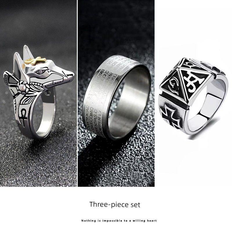 

Кольцо Мёбиуса Анубис Открытое Мужское Голова Волка Ху Летучая мышь Самооборона Не светящееся Прилив Рука Шип Ювелирное изделие Мужское Three-piece JZ-147 +354 + silver ring