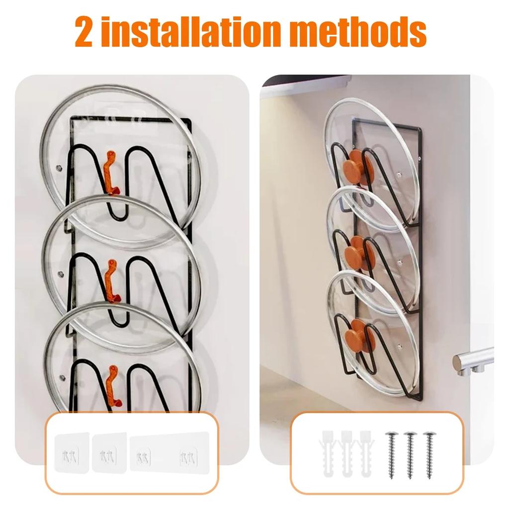 2 szt. Stojak na pokrywki do garnków, Bez wiercenia, Przyklejany do gładkich ścian/drzwi, Odporny na rdzę, Do przechowywania w kuchni