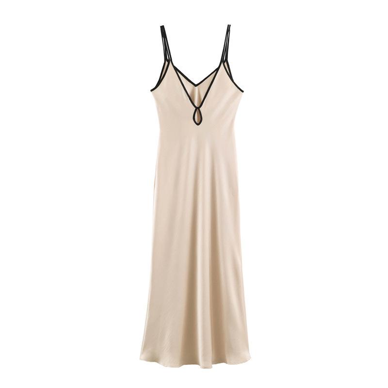 Women s Satin Maxi Slip Dress Contrast Trim Spaghetti Strap V Neck Dress Sexy Low Back Loose Fit Sleeveless Party Cocktail Evening Party Dress XS